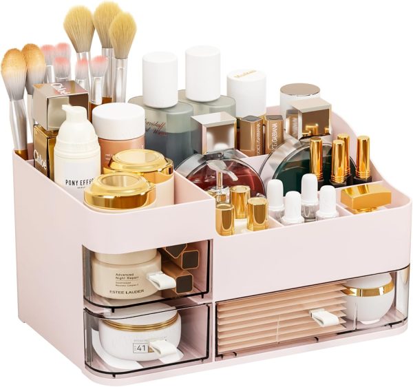 SuoXing Makeup Organizer – 3-Drawer Skincare Storage (Pink)